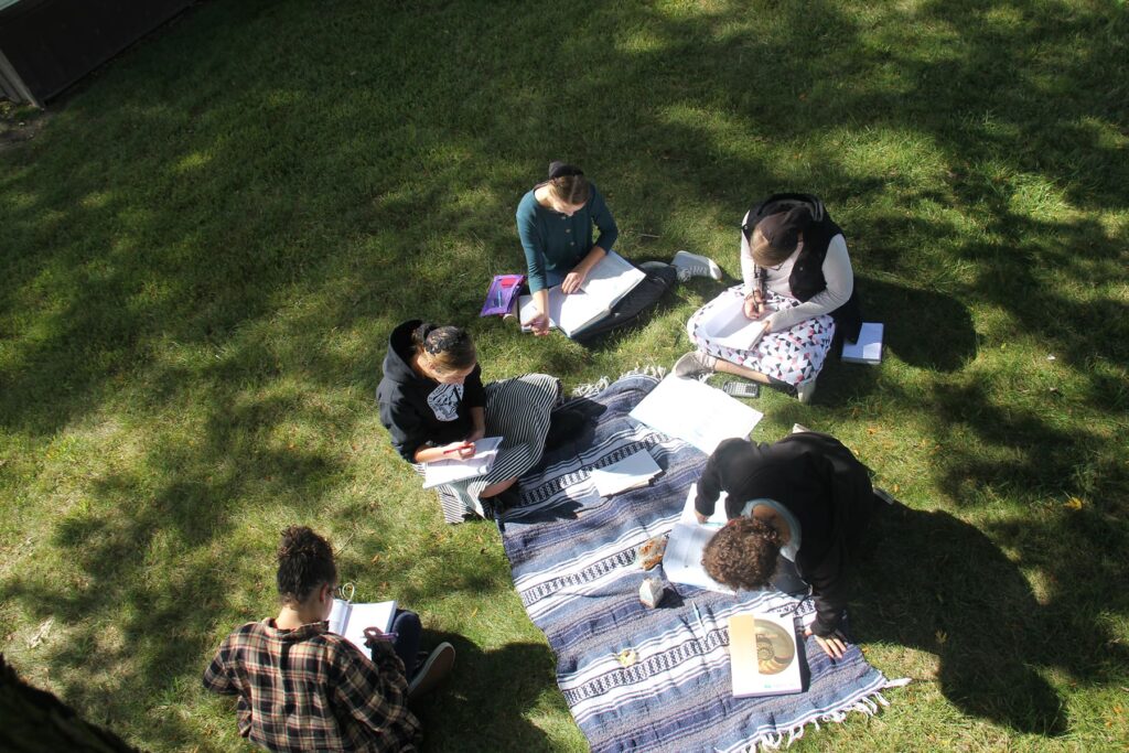 Group of students studying outside in yard